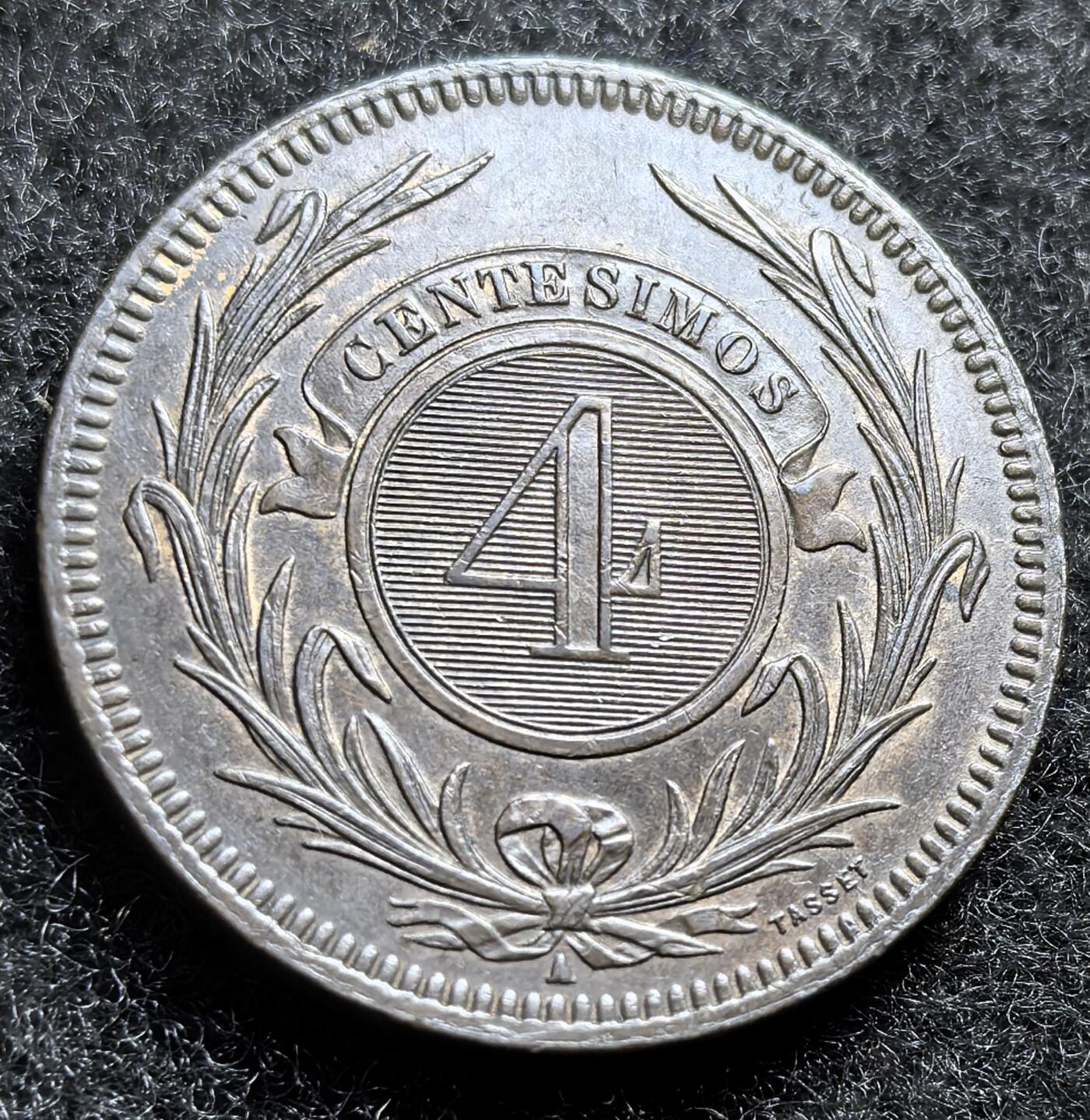 西班牙、丹属西印度、法属殖民地、乌拉圭银币古铜币，周五晚上九点倒数截拍，满百包邮，可寄存半年，喜欢朋友微信扫描二维码可直接参拍 全新品相乌拉圭1869年4分，km13