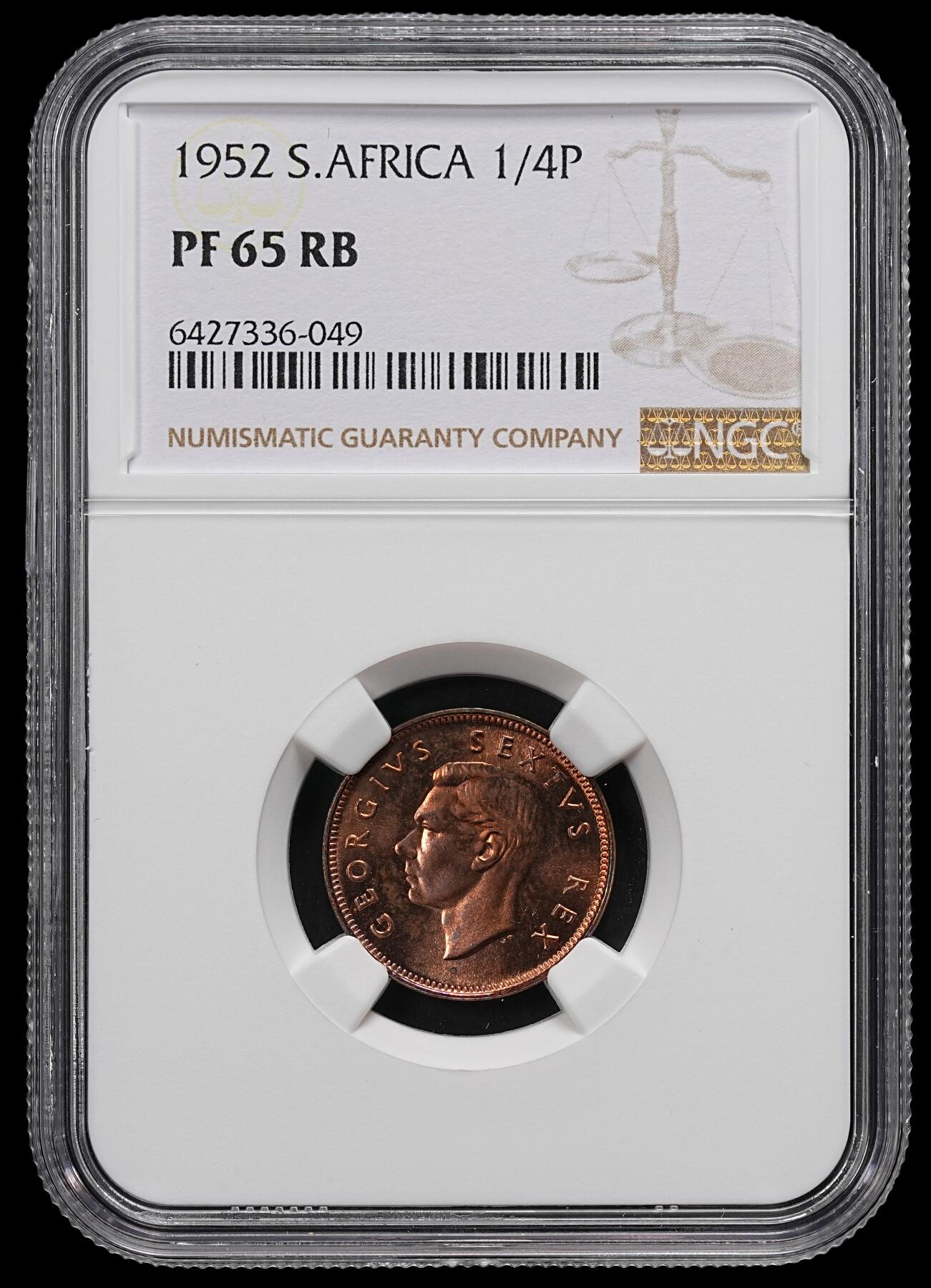 修遠堂世界钱币第九十二期 NGC PF65RB 1952年南非1/4便士精制铜币 