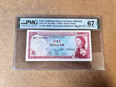 【Blue Auction】世界纸币精拍第747期——18级TOP拍卖/信誉/品质/专业/高效💫 - 东加勒比 1965年1元 戎装女王  PMG67EPQ