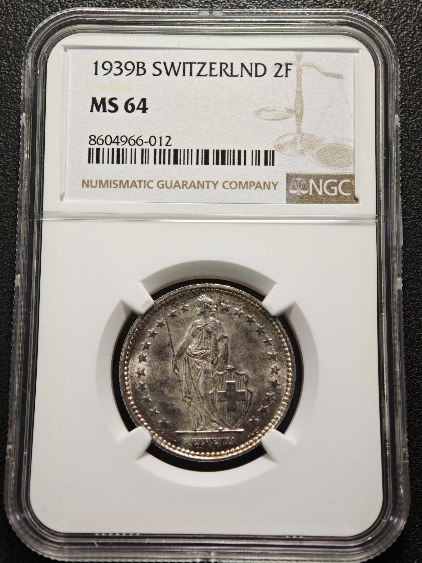 【德藏】世界币章拍卖第152期（拍品征集中~欢迎藏友联系） 1939年 瑞士2法郎银币  原光十足 NGC MS64