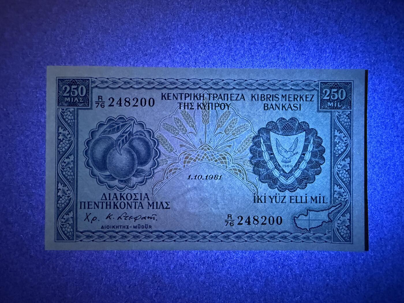 《艾美收藏》第219期-11.9周日外币畅拍场 塞浦路斯250米尔 UNC 1981年