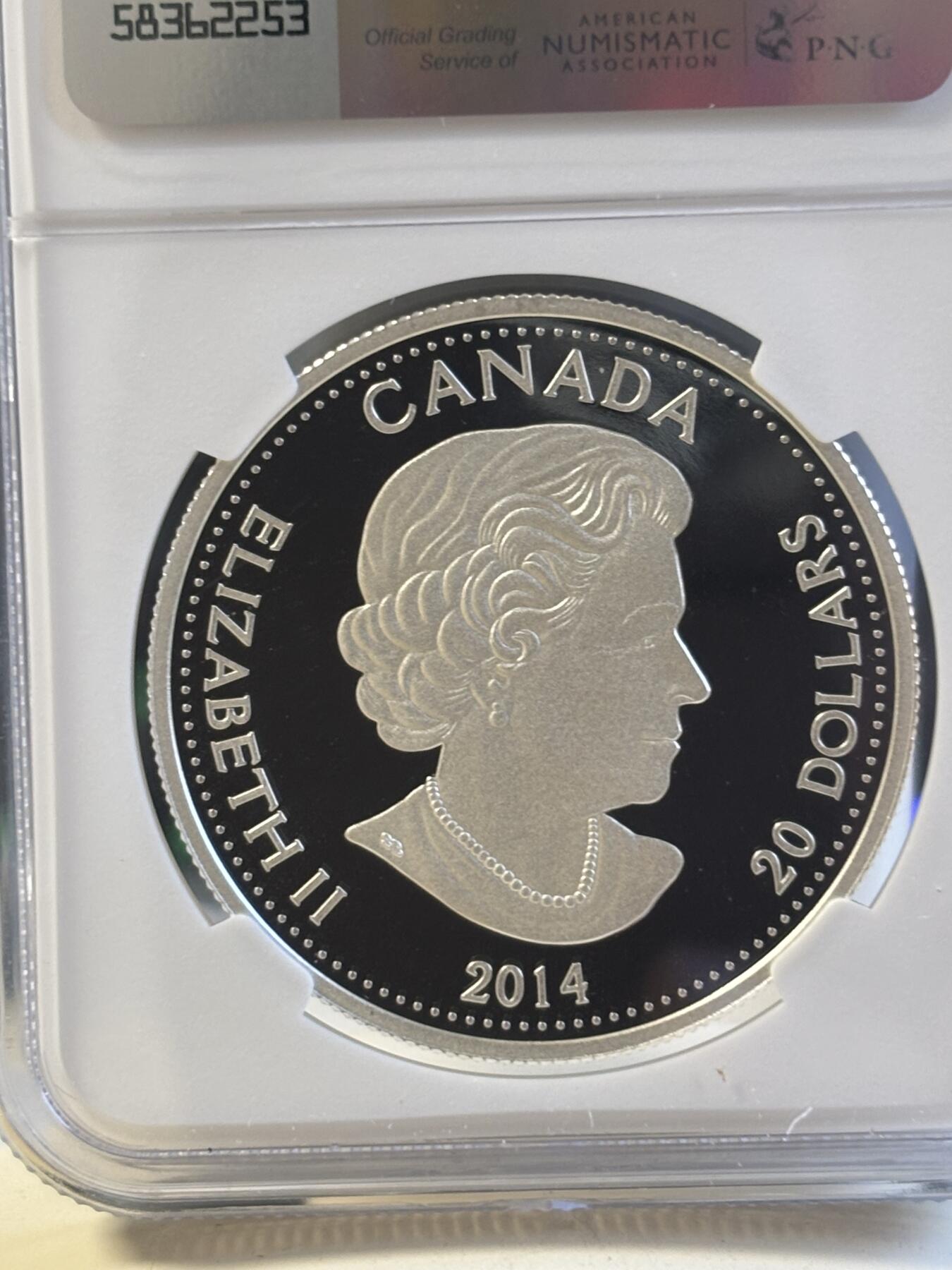 第181期拍卖  加拿大2014年温拿芭蕾舞团75周年20元精制彩色银币 NGC -PF69带原盒及证书,9999银，31.6克