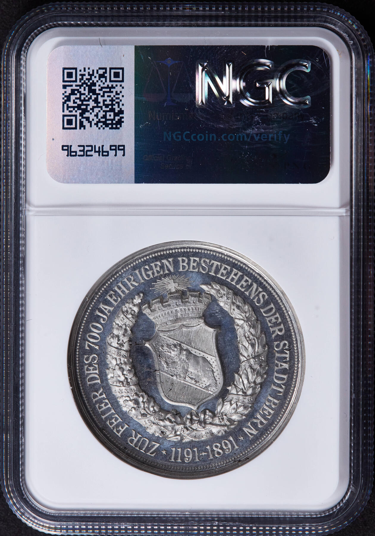 【俄甄集藏】2025年(044)11-12星期三晚 19:30 全场包邮 瑞士1891年纪念伯尔尼建城700周年白色金属纪念章，NGC MS63，高浮雕，底板凝霜，银章铜章居多，白色金属锌章极其少见，好品难得