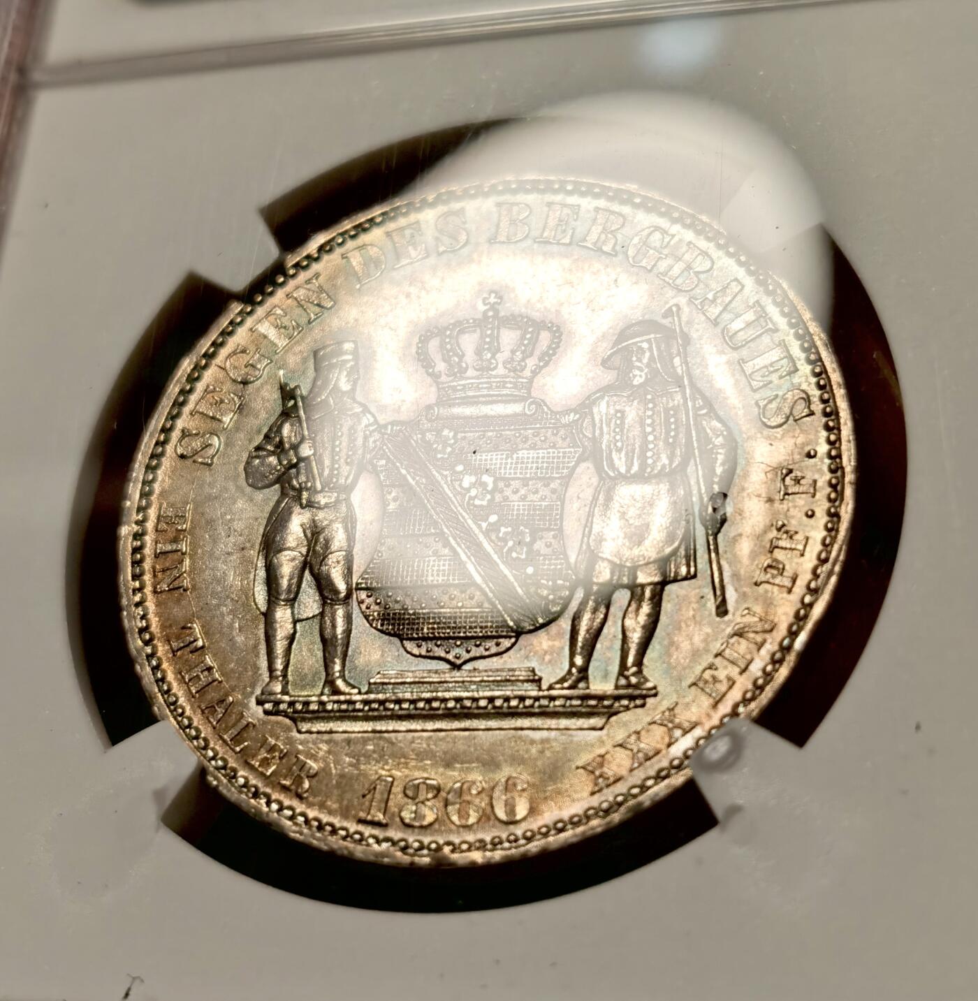 甄臻铺-世界币章拍卖（第38期）立冬小精品场，送拍享返佣金等优惠多多 NGC-UNCD 德国1866年萨克森矿业流通1泰勒 矿工人物刻画细致完整，包浆好玩