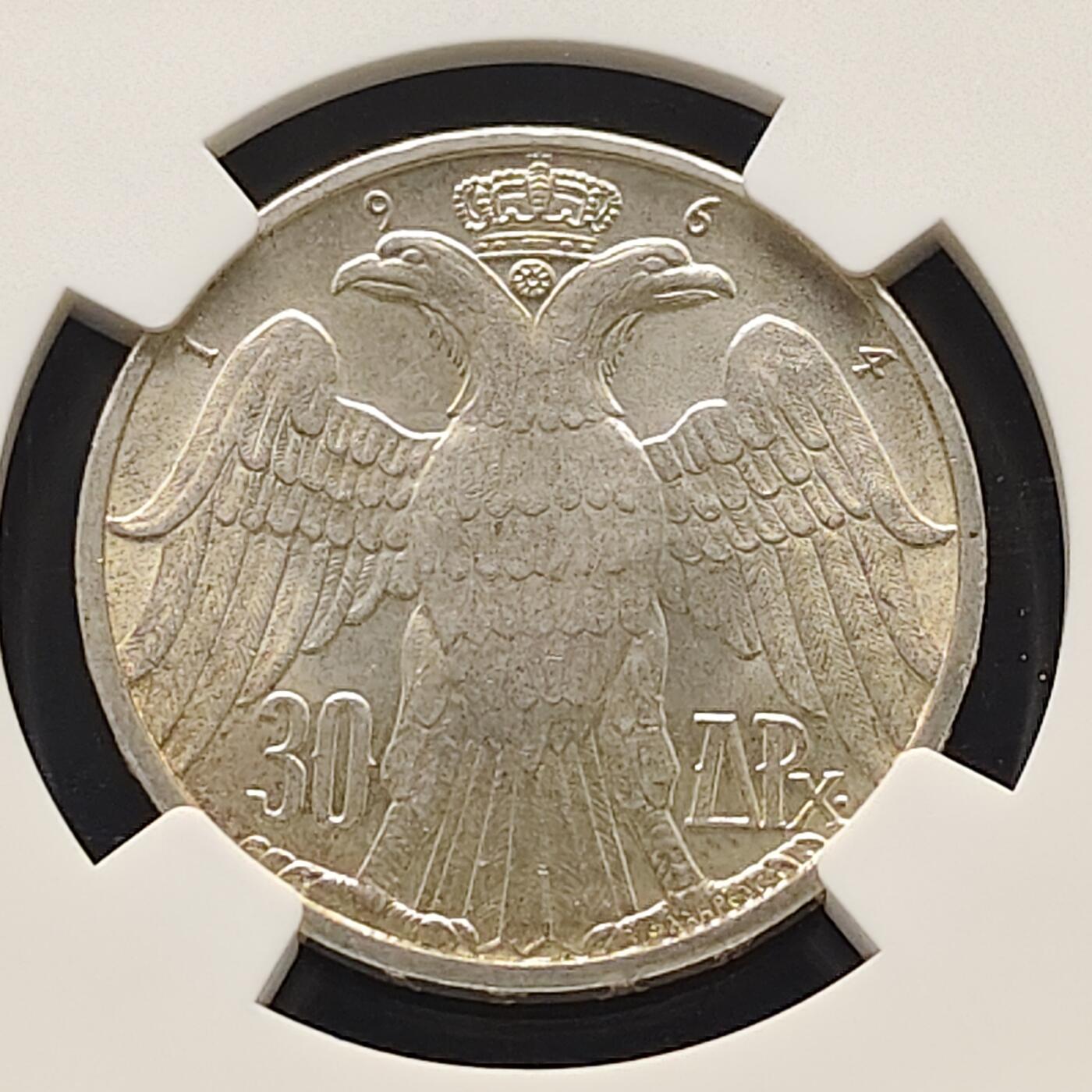 【全场包邮】纯粹捡漏拍477场（免费代拍第14场）调整中 希腊王国1964年30德拉克马康斯坦丁二世国王大婚（30.3毫米12克）纪念银币-NGC MS64