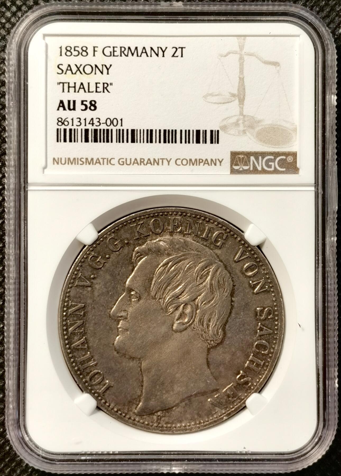 甄臻铺-世界币章拍卖（第38期）立冬小精品场，送拍享返佣金等优惠多多 NGC-AU58 德国 1858 萨克森 约翰一世 2泰勒 37克的大银币，底板光洁，老包浆醇厚
