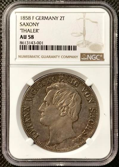 甄臻铺-世界币章拍卖（第38期）立冬小精品场，送拍享返佣金等优惠多多 - NGC-AU58 德国 1858 萨克森 约翰一世 2泰勒 37克的大银币，底板光洁，老包浆醇厚