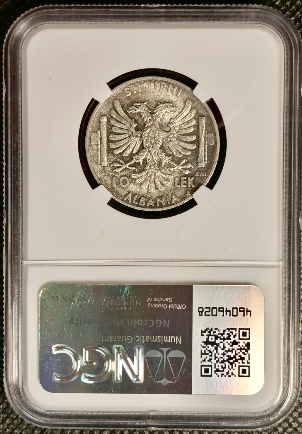 甄臻铺-世界币章拍卖（第38期）立冬小精品场，送拍享返佣金等优惠多多 NGC-AU58 意占阿尔巴尼亚1939年，10列克