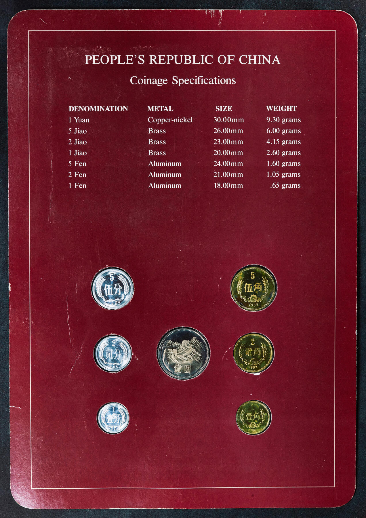 【俄甄集藏】2025年(044)11-12星期三晚 19:30 全场包邮 中国1982年长城1分-1元精制纪念币7枚全套，富兰克林卡装，名誉品种