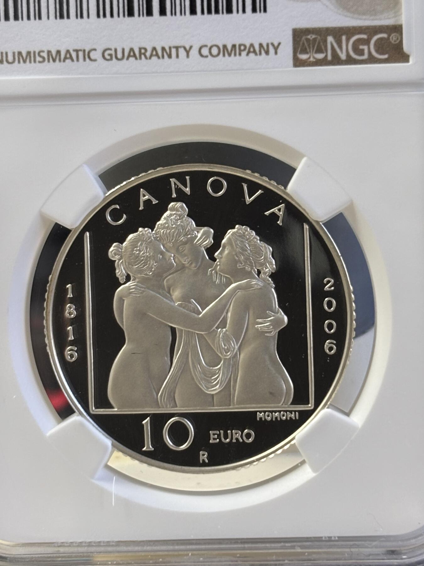 第181期拍卖   圣马力诺2006年卡诺瓦《美惠三女神》精制纪念银币 NGC PF69，925银，20.7克，直径34毫米