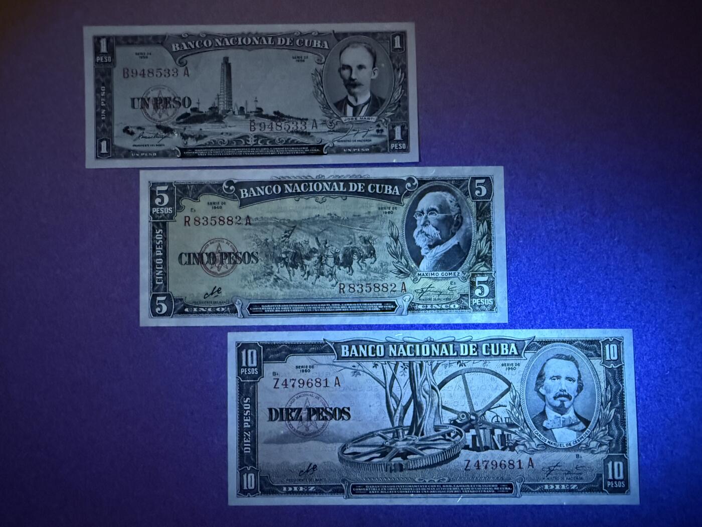 《艾美收藏》第219期-11.9周日外币畅拍场 古巴1、5、10比索3张 UNC 1960年老版本 边缘轻微荧光