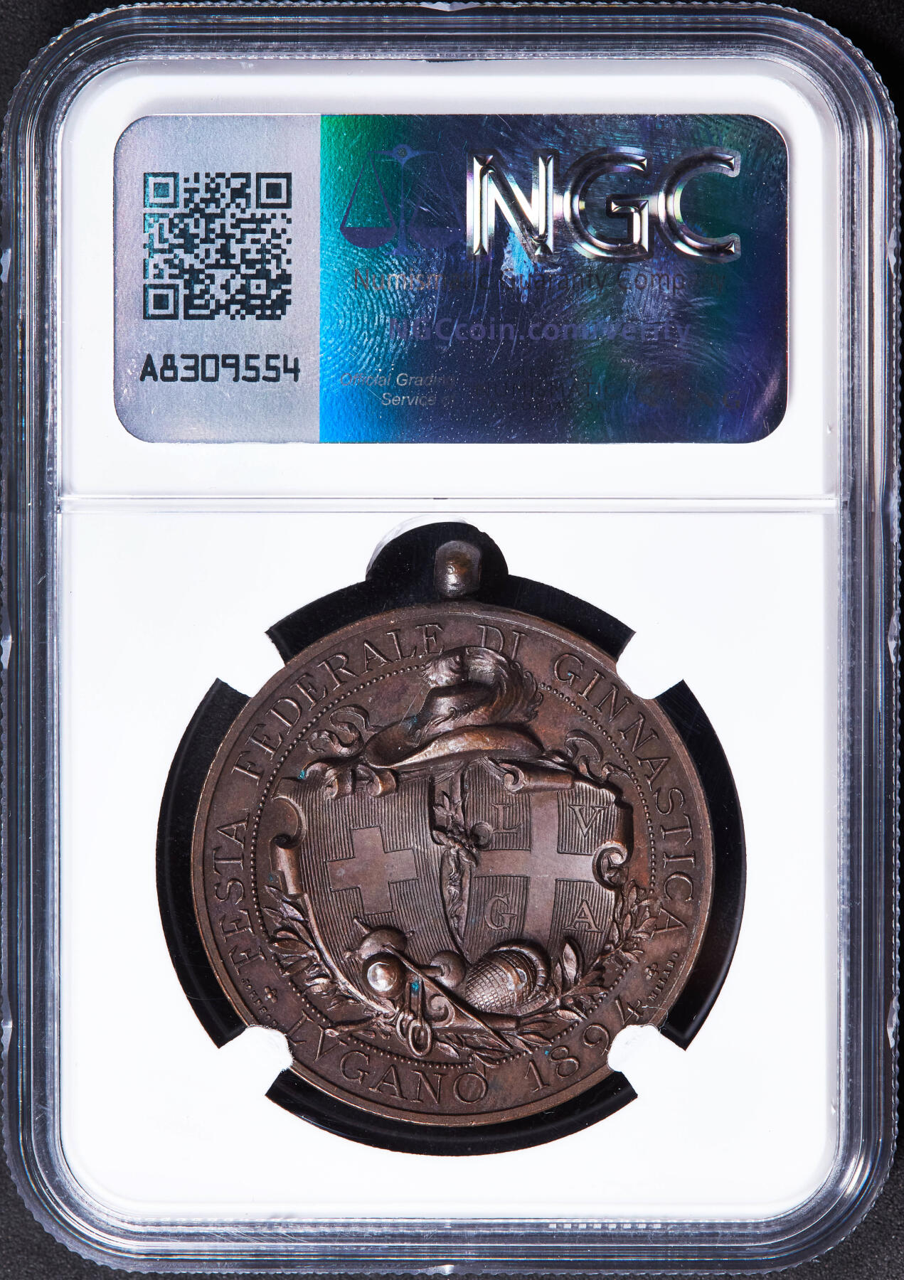 【俄甄集藏】2025年(044)11-12星期三晚 19:30 全场包邮 瑞士1894年纪念卢加诺联邦体操节铜章，NGC MS63，高浮雕，巧克力包浆，正面为象征联邦的瑞士女神
