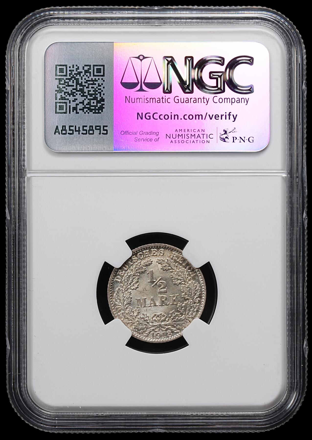 修遠堂世界钱币第九十二期 NGC MS65 1918年德国1/2马克银币 D厂铭