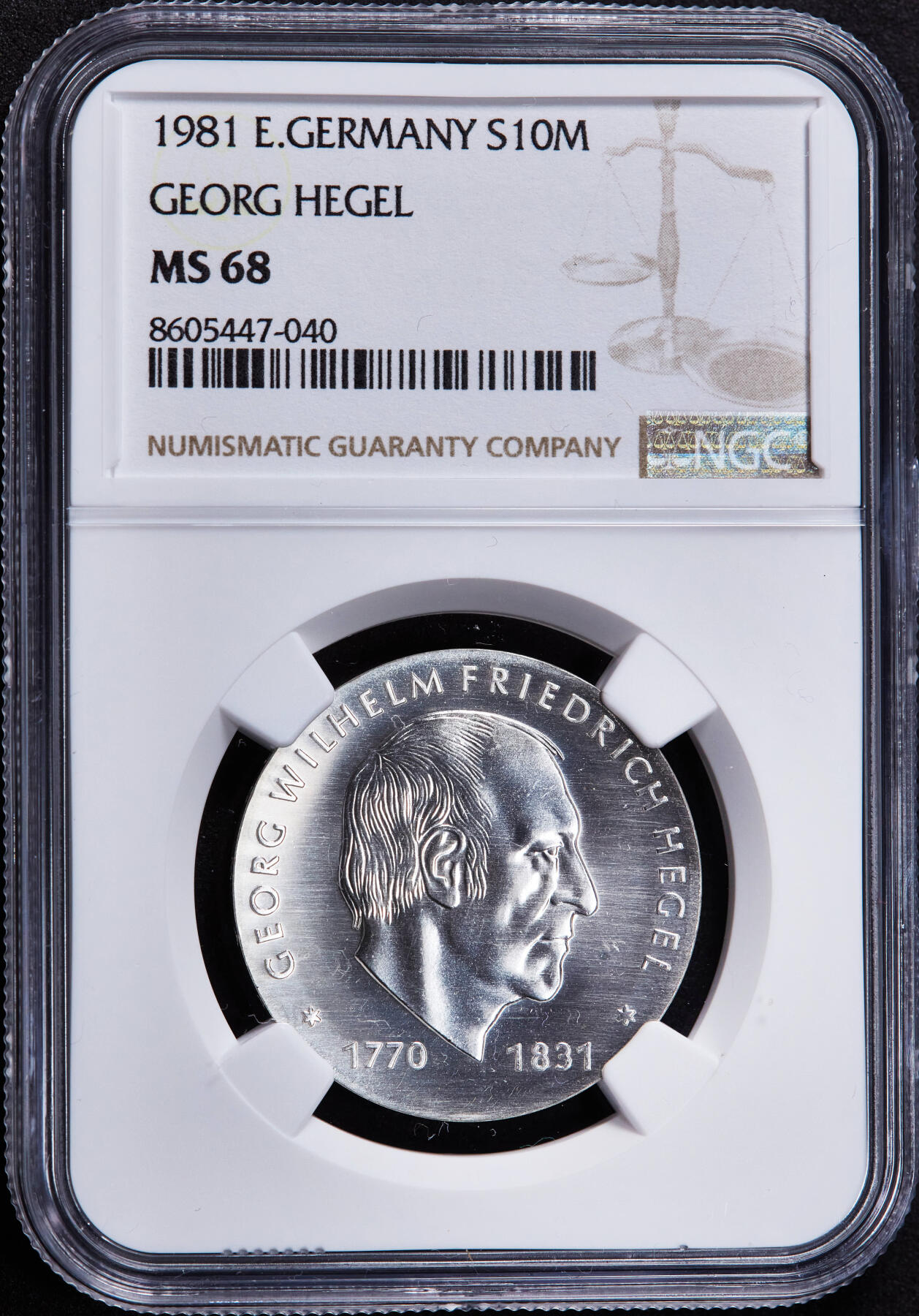 【俄甄集藏】2025年(044)11-12星期三晚 19:30 全场包邮 民主德国（东德）1981年纪念哲学家格奥尔格·威廉·弗里德里希·黑格尔逝世150周年10马克银币，NGC MS68，唯一冠军，重17克，50%银，发行量50000枚，少见品种