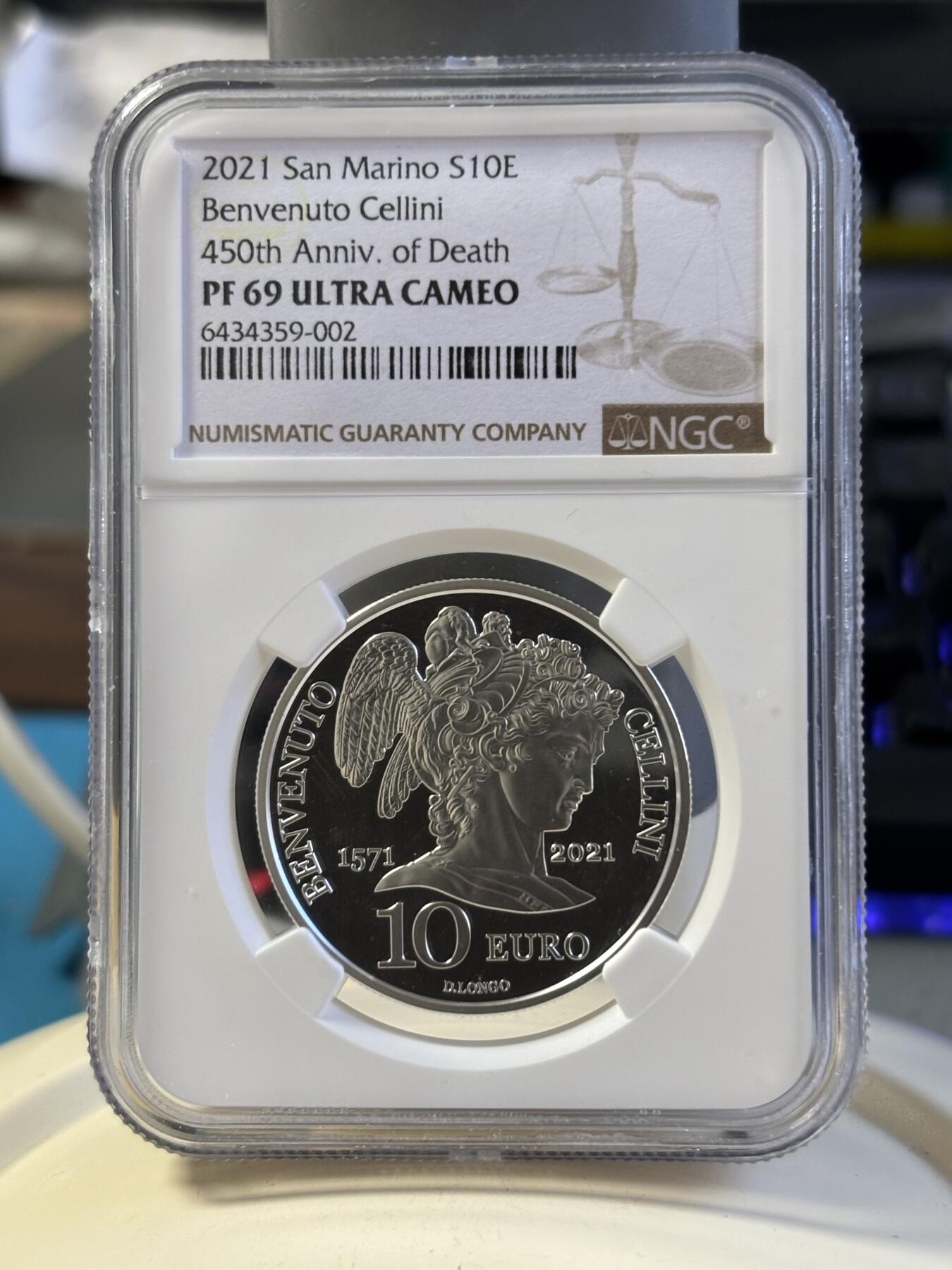 第181期拍卖 圣马力诺2021年雕塑家切利尼逝世450周年银币 NGC PF69，925银，22克