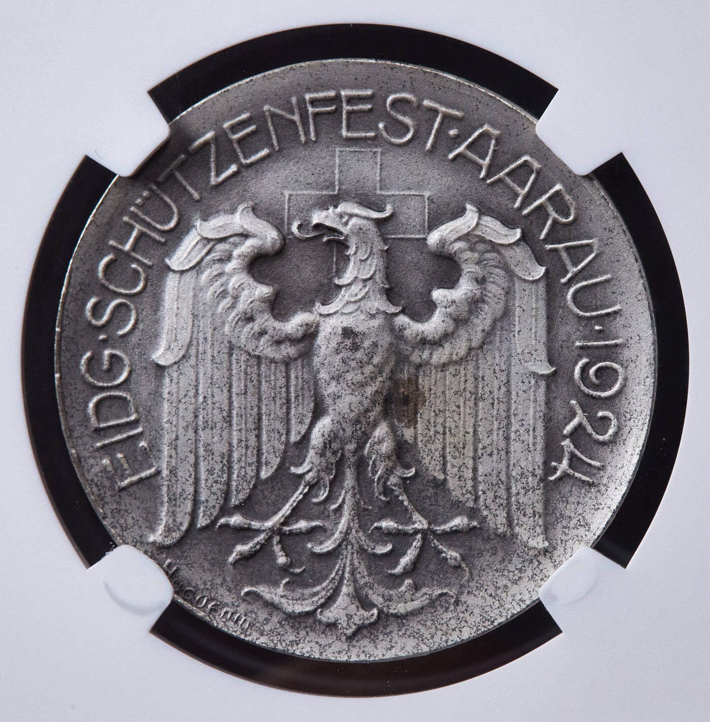 【俄甄集藏】2025年(044)11-12星期三晚 19:30 全场包邮 瑞士1924年威廉·退尔像纪念阿尔高射击节银章，NGC MS65，原味包浆，磨砂底板，顶级状态