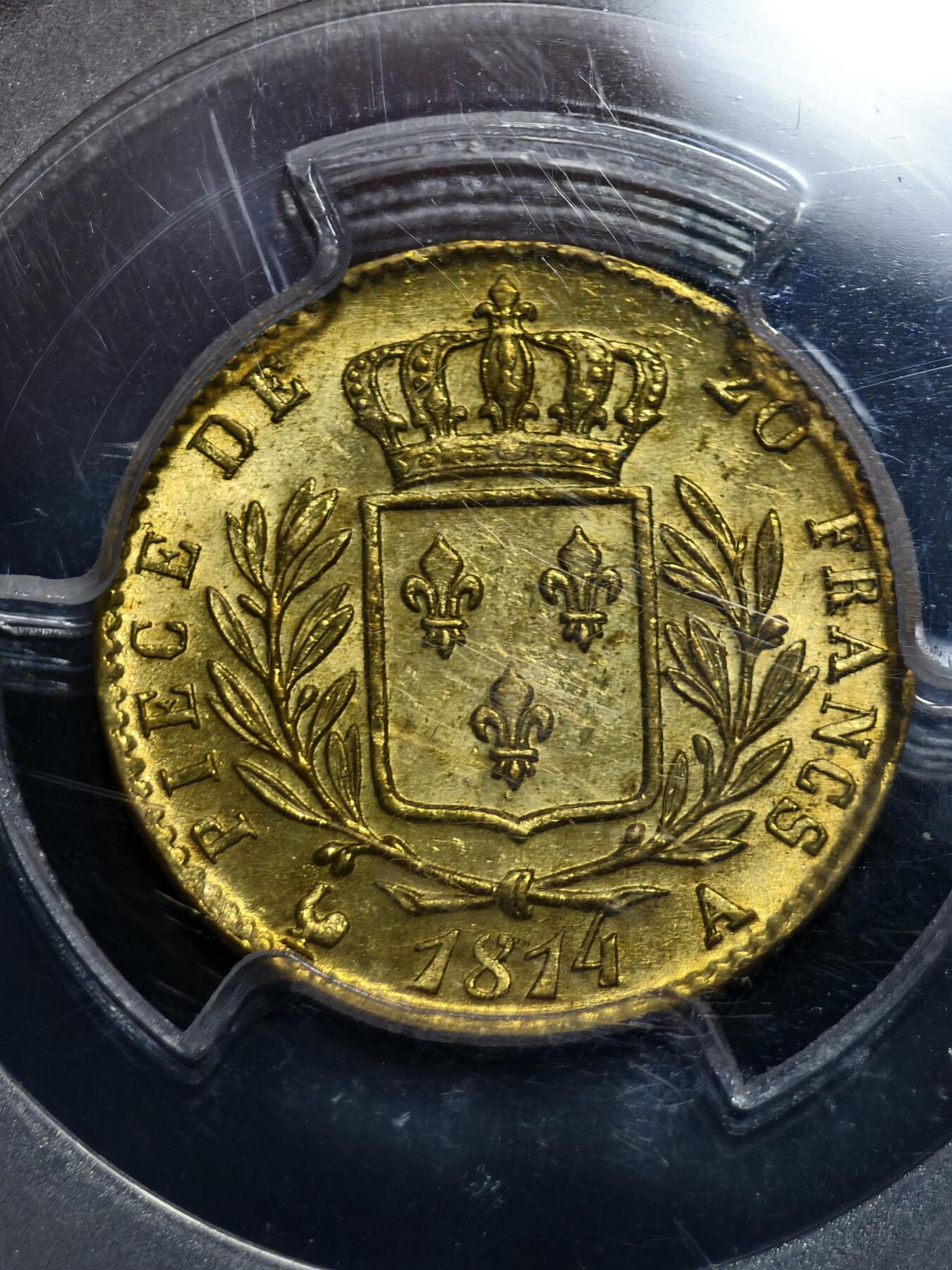 PCGS-MS62法国1814年路易十八军装版20法郎金币