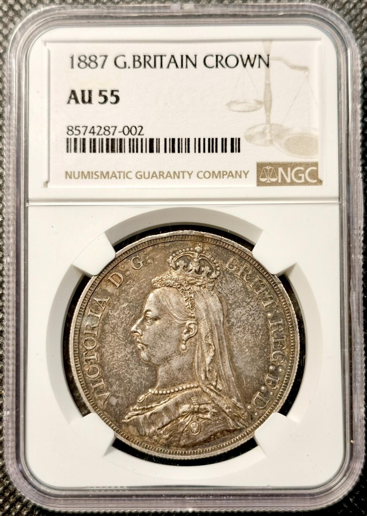 甄臻铺-世界币章拍卖（第38期）立冬小精品场，送拍享返佣金等优惠多多 NGC-AU55 1887年英国高冠马剑，包浆很炫很厚，影响评分了