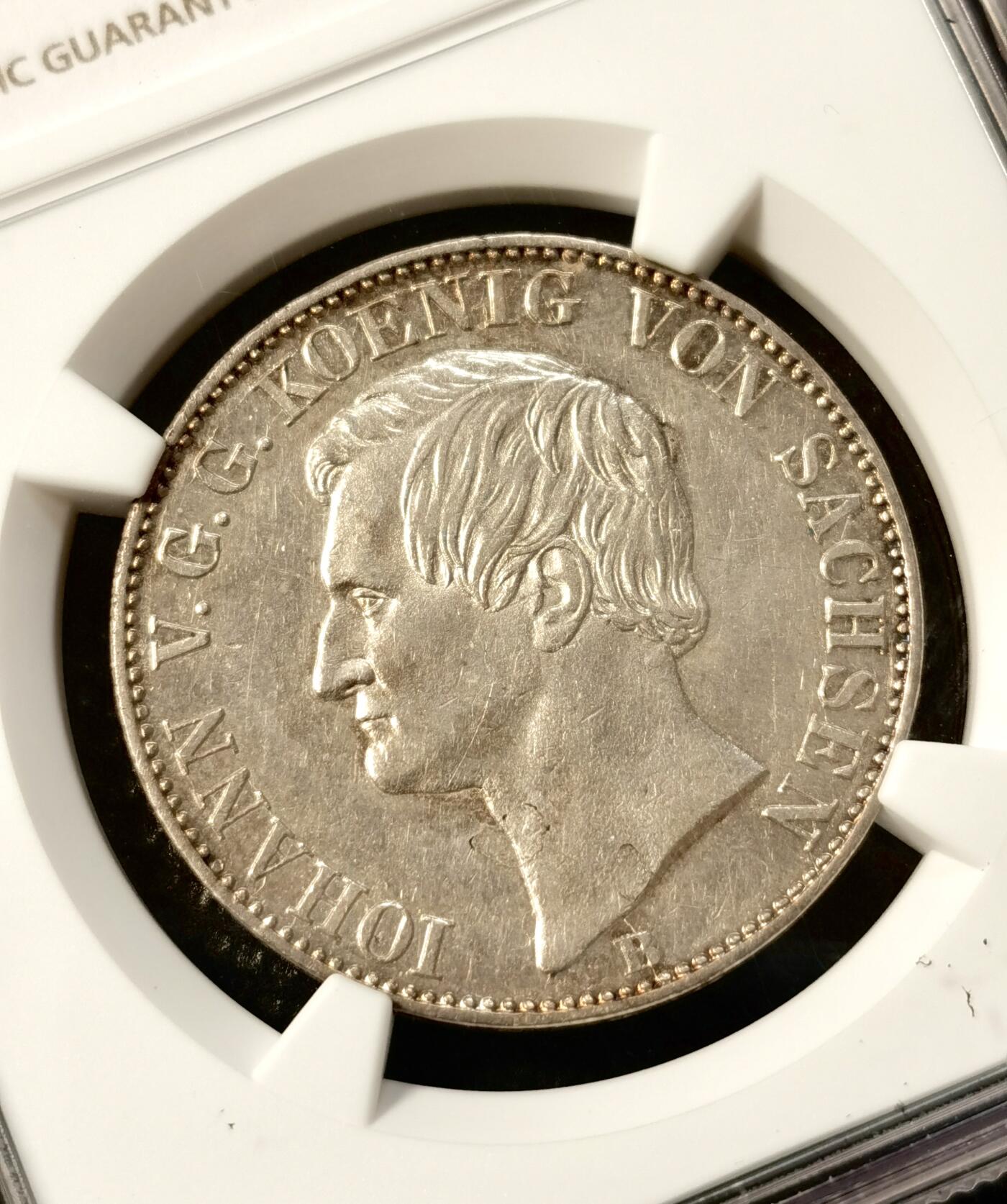 甄臻铺-世界币章拍卖（第38期）立冬小精品场，送拍享返佣金等优惠多多 NGC-AU55 1861年德国萨克森矿业泰勒银币淡淡包浆细节很好