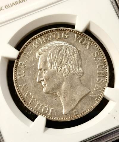 甄臻铺-世界币章拍卖（第38期）立冬小精品场，送拍享返佣金等优惠多多 NGC-AU55 1861年德国萨克森矿业泰勒银币 淡彩包浆 细节很好 几乎没有磨损