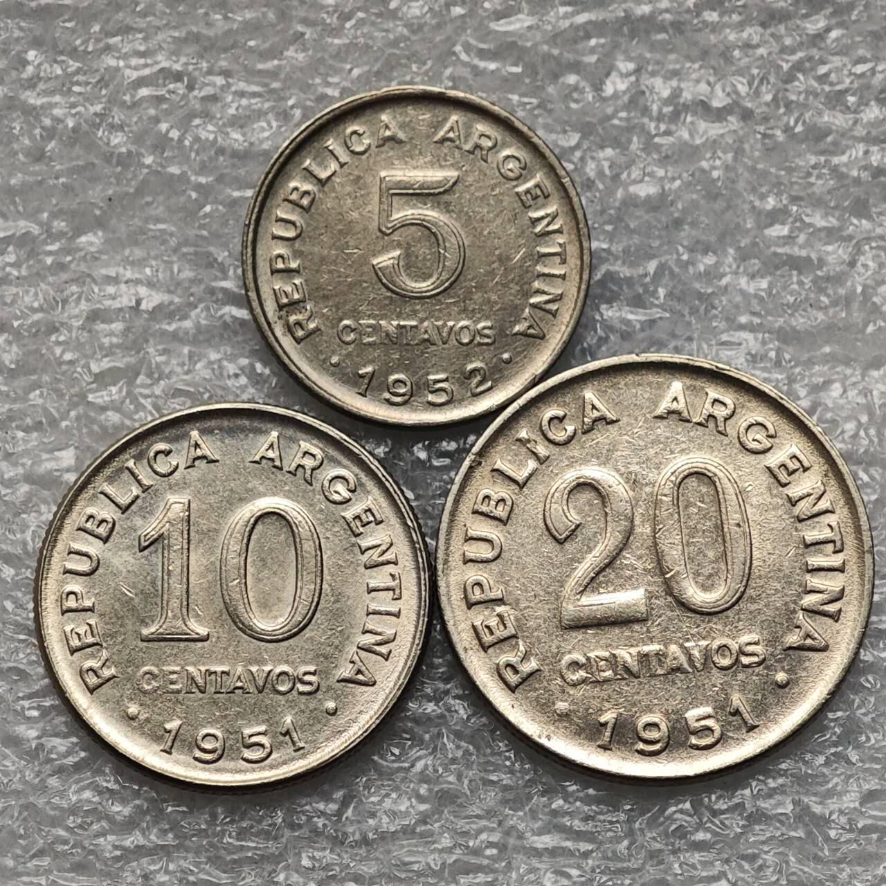 【淘币小摊】限时拍第七百九十五拍  葡属印度爪哇波兰阿根廷专场  满百包邮可预留两周  周一统一发货  阿根廷1951-1952年5-20分3枚齿边铜镍流通版