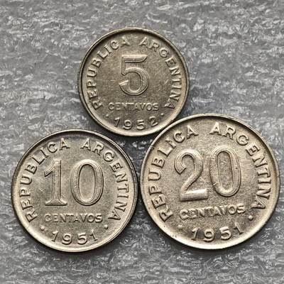 【淘币小摊】限时拍第七百九十五拍  葡属印度爪哇波兰阿根廷专场  满百包邮可预留两周  周一统一发货  - 阿根廷1951-1952年5-20分3枚齿边铜镍流通版