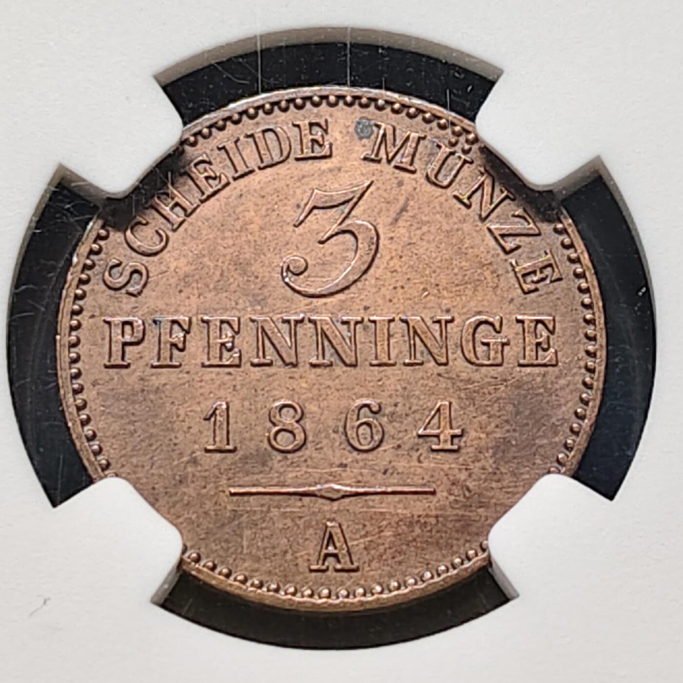 【全场包邮】纯粹捡漏拍477场（免费代拍第14场）调整中 德国普鲁士1864年3芬尼铜币-NGC UNC DETAILS