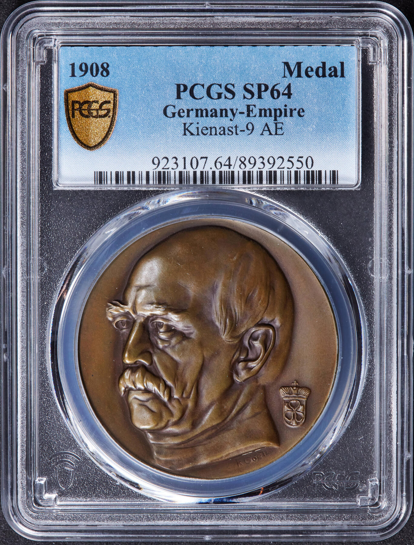 【俄甄集藏】2025年(044)11-12星期三晚 19:30 全场包邮 德国1908年纪念铁血宰相俾斯麦灵柩入驻瓦尔哈拉神殿大铜章，PSGS SP64，卡尔·哥茨作品，高浮雕，唯一冠军分数，稀少品种