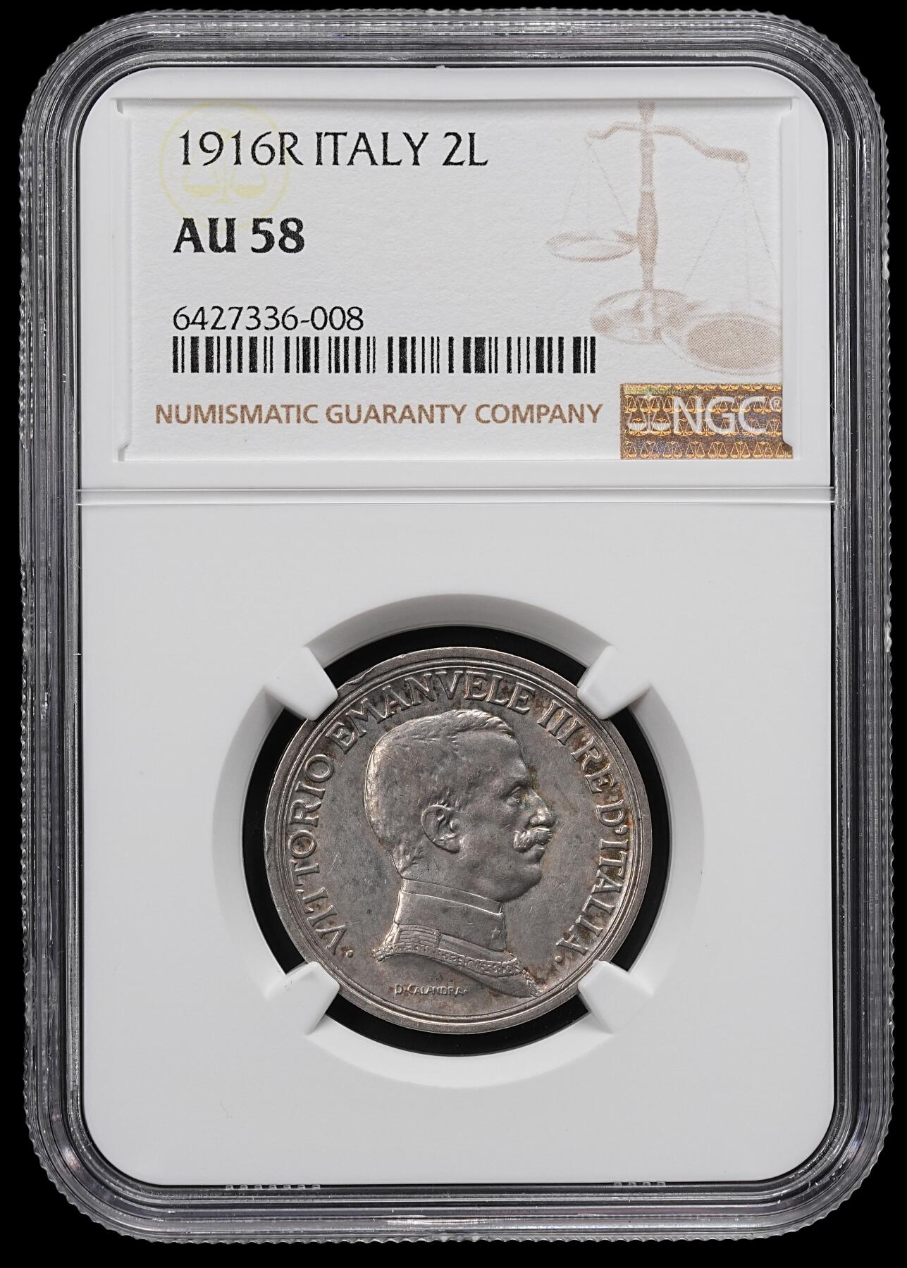 修遠堂世界钱币第九十二期 NGC AU58 1916年意大利马车2里拉银币