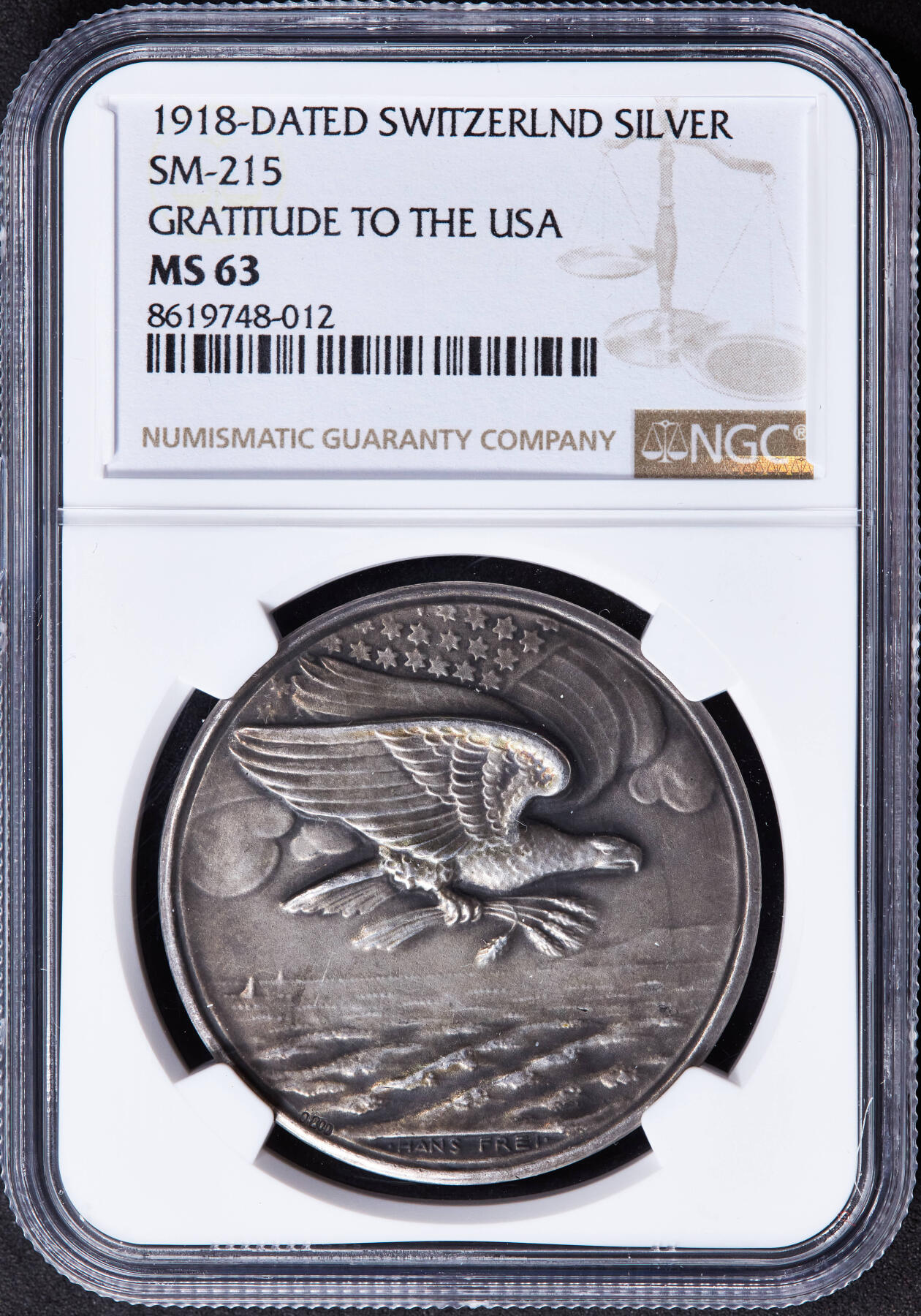 【俄甄集藏】2025年(044)11-12星期三晚 19:30 全场包邮 瑞士1918年感谢美国参战一战协约国胜利银章，NGC MS63，保存完好，原味老包浆，舔狗系列