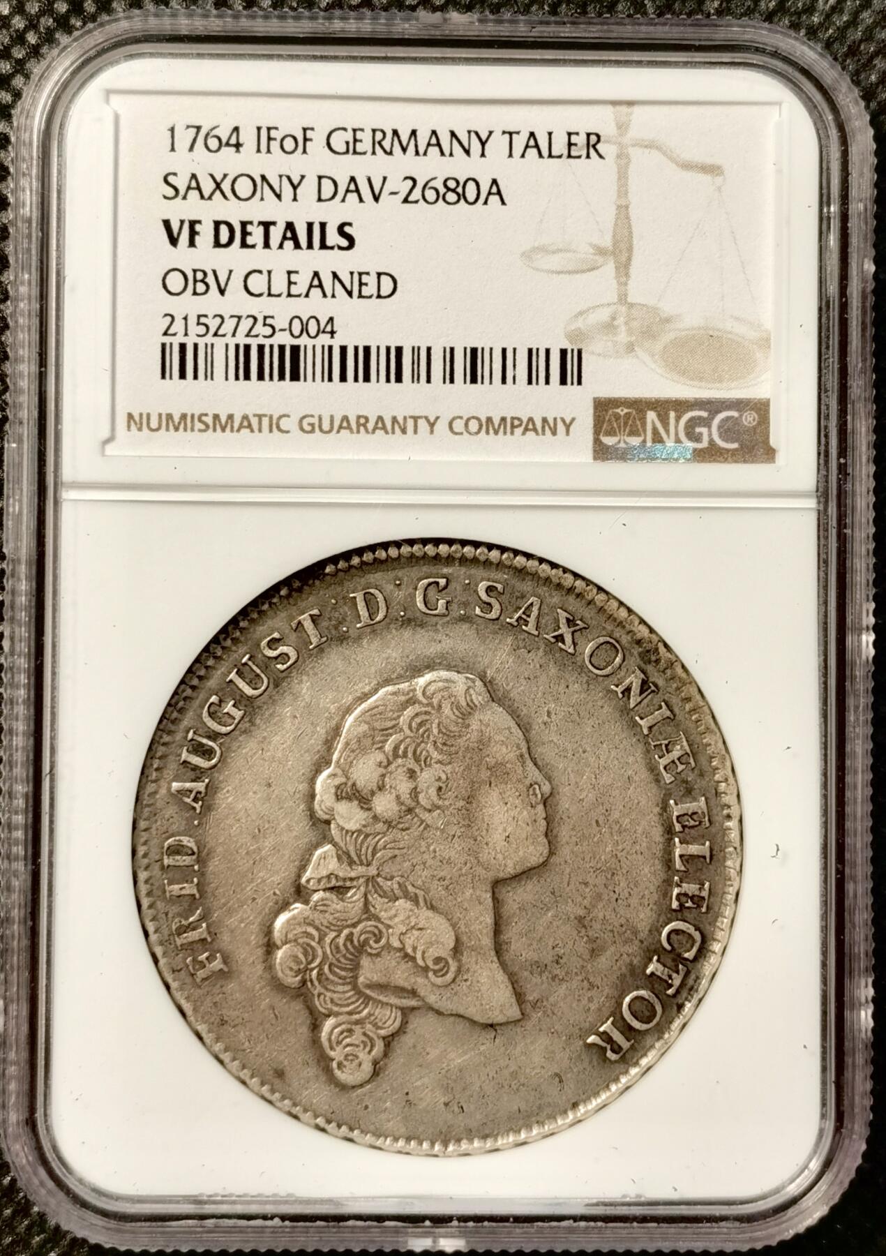 甄臻铺-世界币章拍卖（第38期）立冬小精品场，送拍享返佣金等优惠多多 NGC-VFD 1764年德国萨克森，奥古斯特三世，年轻头像皇冠大泰勒，少见好玩的品种
