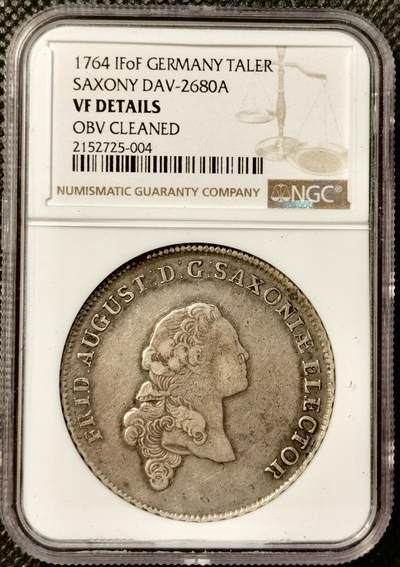 甄臻铺-世界币章拍卖（第38期）立冬小精品场，送拍享返佣金等优惠多多 - NGC-VFD 1764年德国萨克森，奥古斯特三世，年轻头像皇冠大泰勒，少见好玩的品种