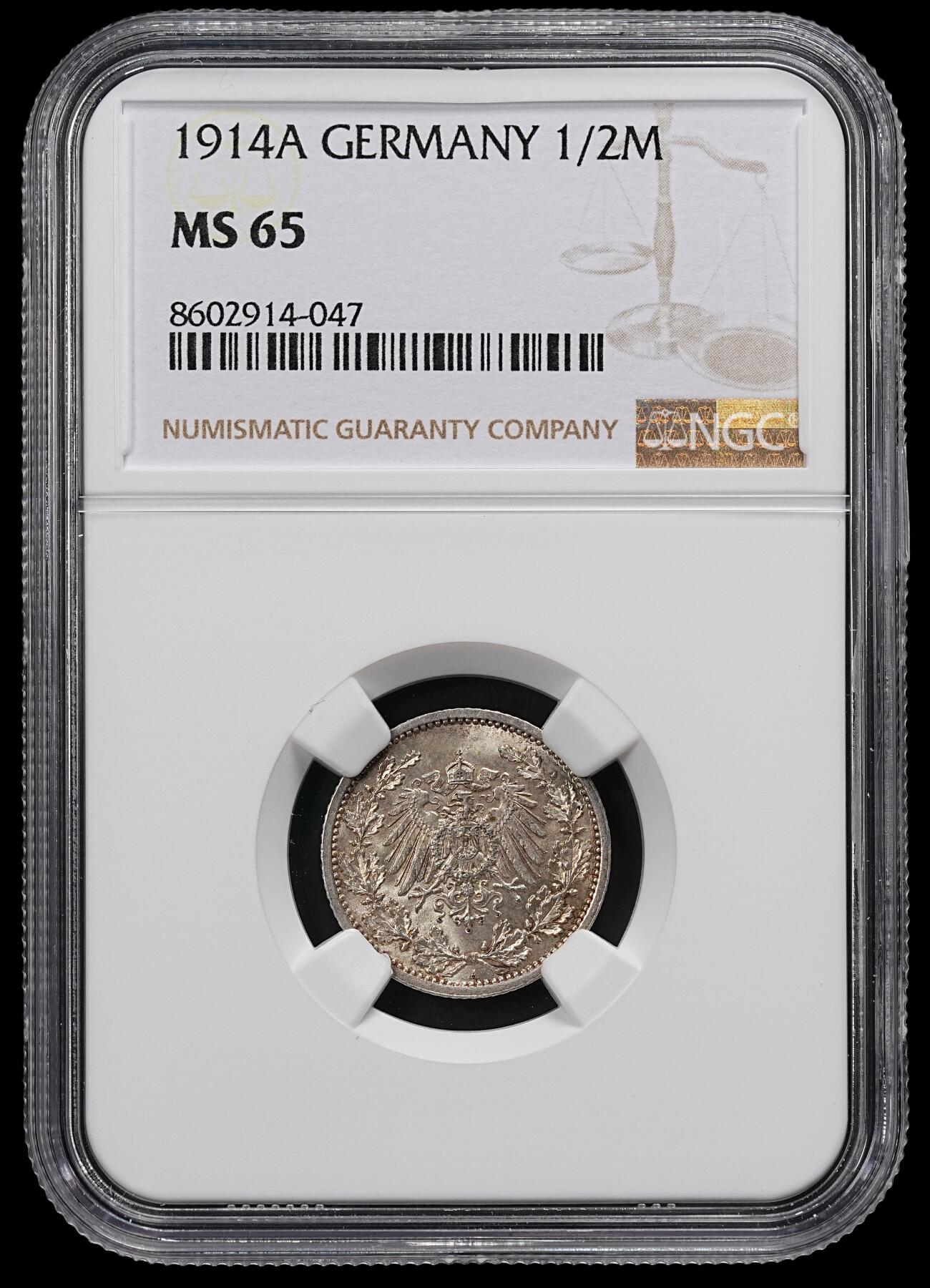 修遠堂世界钱币第九十二期 NGC MS65 1914年德国1/2马克银币 A厂铭