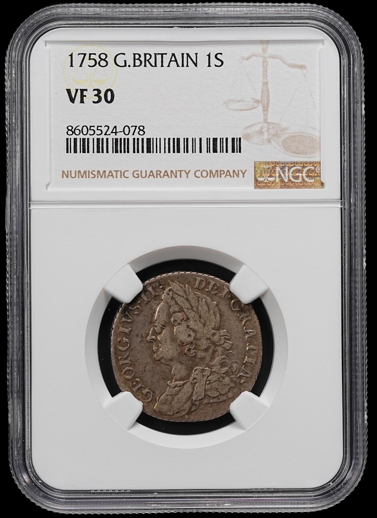 修遠堂世界钱币第九十二期 NGC VF30 1758年英国1先令银币