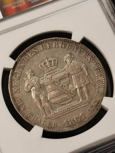 甄臻铺-世界币章拍卖（第38期）立冬小精品场，送拍享返佣金等优惠多多 NGC-AU55 1861年德国萨克森矿业泰勒银币 淡彩包浆 细节很好 几乎没有磨损