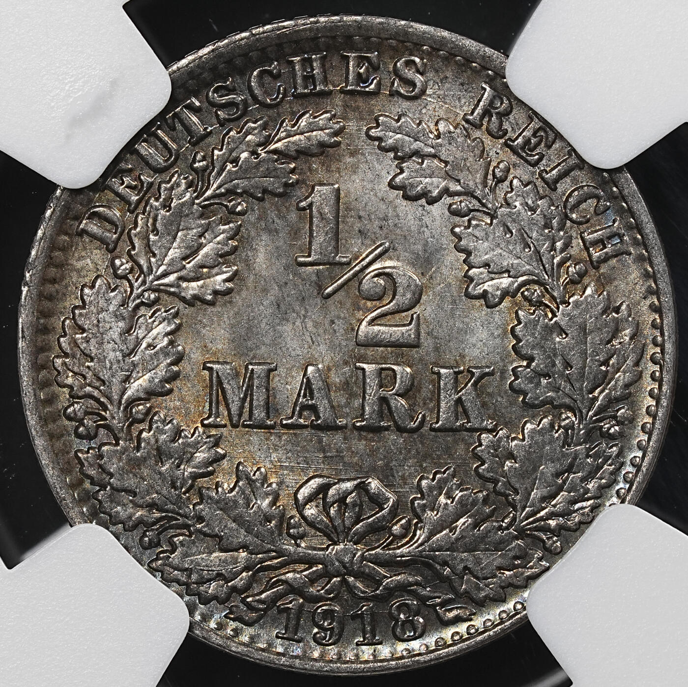 修遠堂世界钱币第九十二期 NGC MS64 1918年德国1/2马克银币 A厂铭