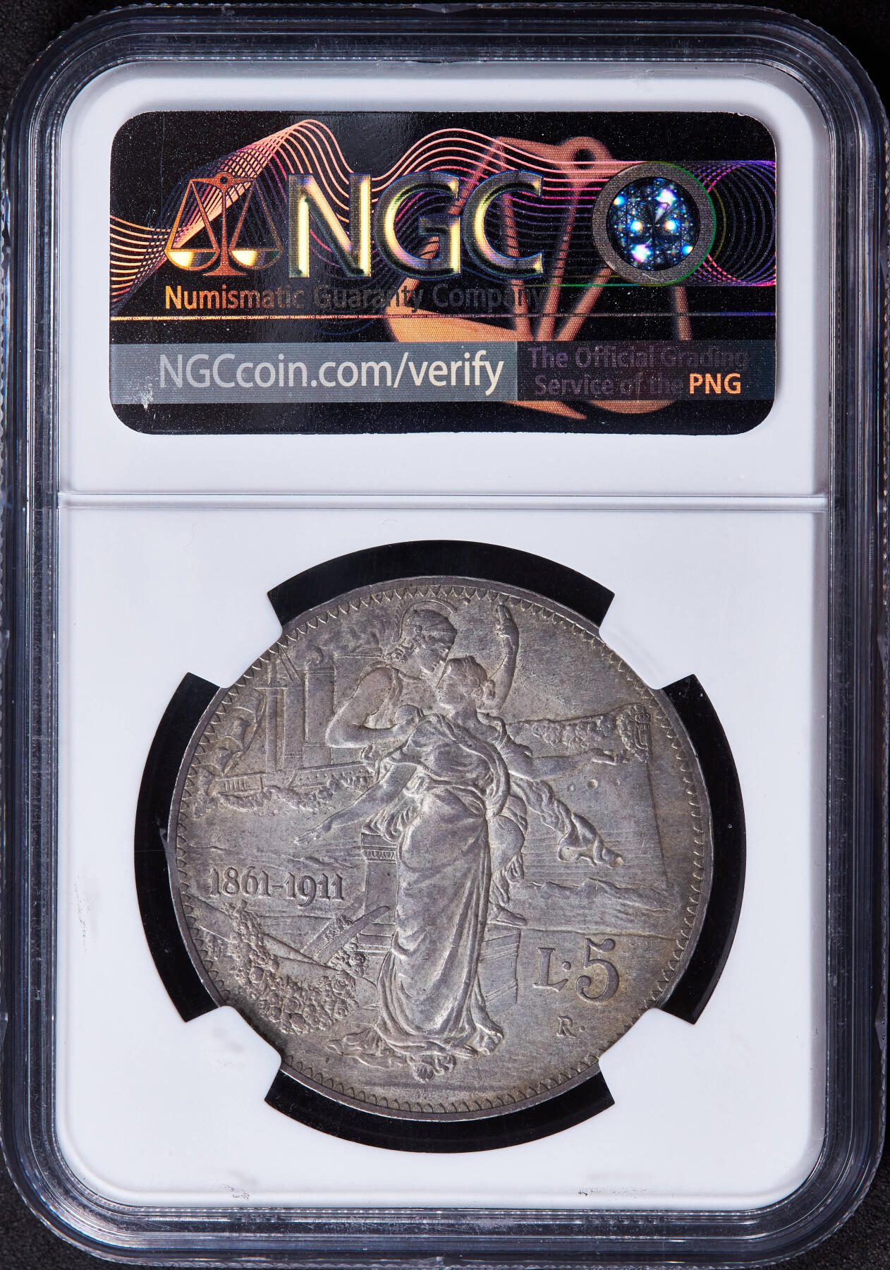 【俄甄集藏】2025年(044)11-12星期三晚 19:30 全场包邮 意大利1911年R版伊曼纽尔三世建国50周年播种5里拉大银币，NGC MS62，黄油酱彩原味包浆，原光品相，名誉品种，设计精美，味道极佳