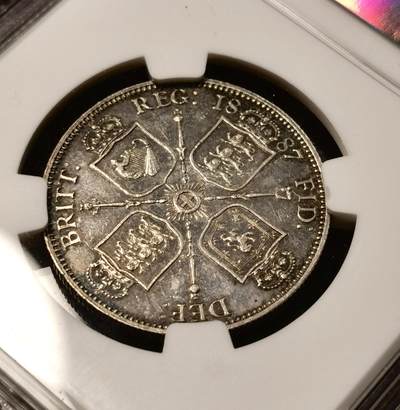 甄臻铺-世界币章拍卖（第38期）立冬小精品场，送拍享返佣金等优惠多多 NGC-UNCD 1887年英国高冠弗洛林2先令，淡紫色包浆