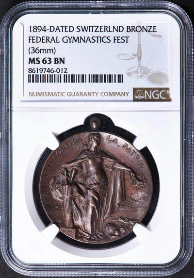 【俄甄集藏】2025年(044)11-12星期三晚 19:30 全场包邮 - 瑞士1894年纪念卢加诺联邦体操节铜章，NGC MS63，高浮雕，巧克力包浆，正面为象征联邦的瑞士女神