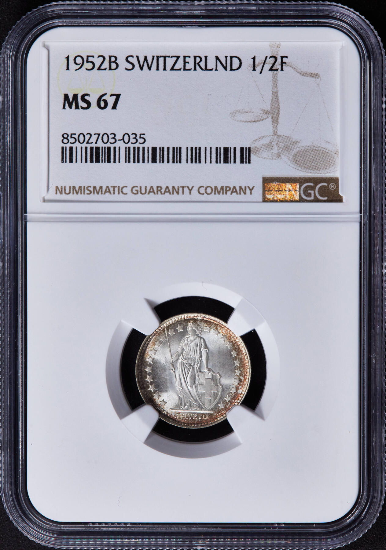 【俄甄集藏】2025年(044)11-12星期三晚 19:30 全场包邮 瑞士1952年B版1/2法郎银币，NGC MS67，冠军分，黄油环彩包浆，车轮转光，顶级状态，无懈可击