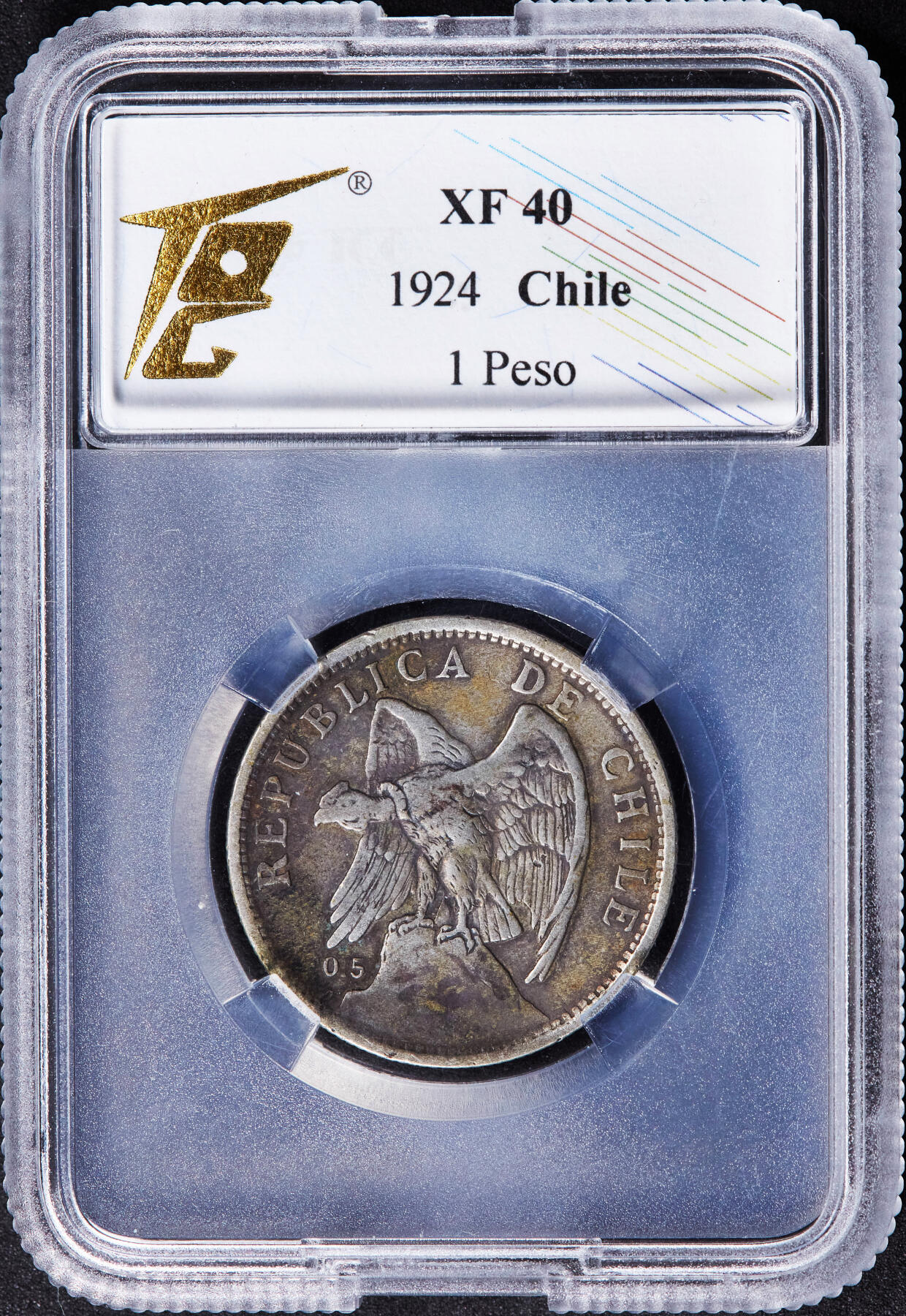 【俄甄集藏】2025年(044)11-12星期三晚 19:30 全场包邮 智利1924年秃鹫1比索银币，TQG XF40，黄油酱彩包浆