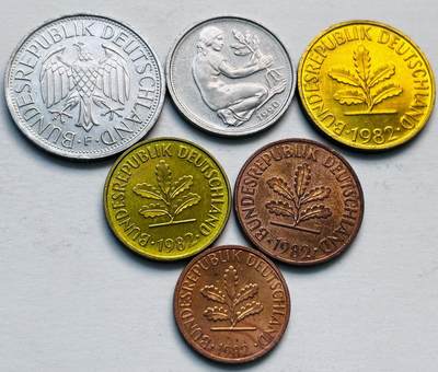 文馨钱币收藏第 279 场，银币，纪念铜章场 长期接收代拍品 - 原光品相德国 1 芬尼-1 马克 6 枚套