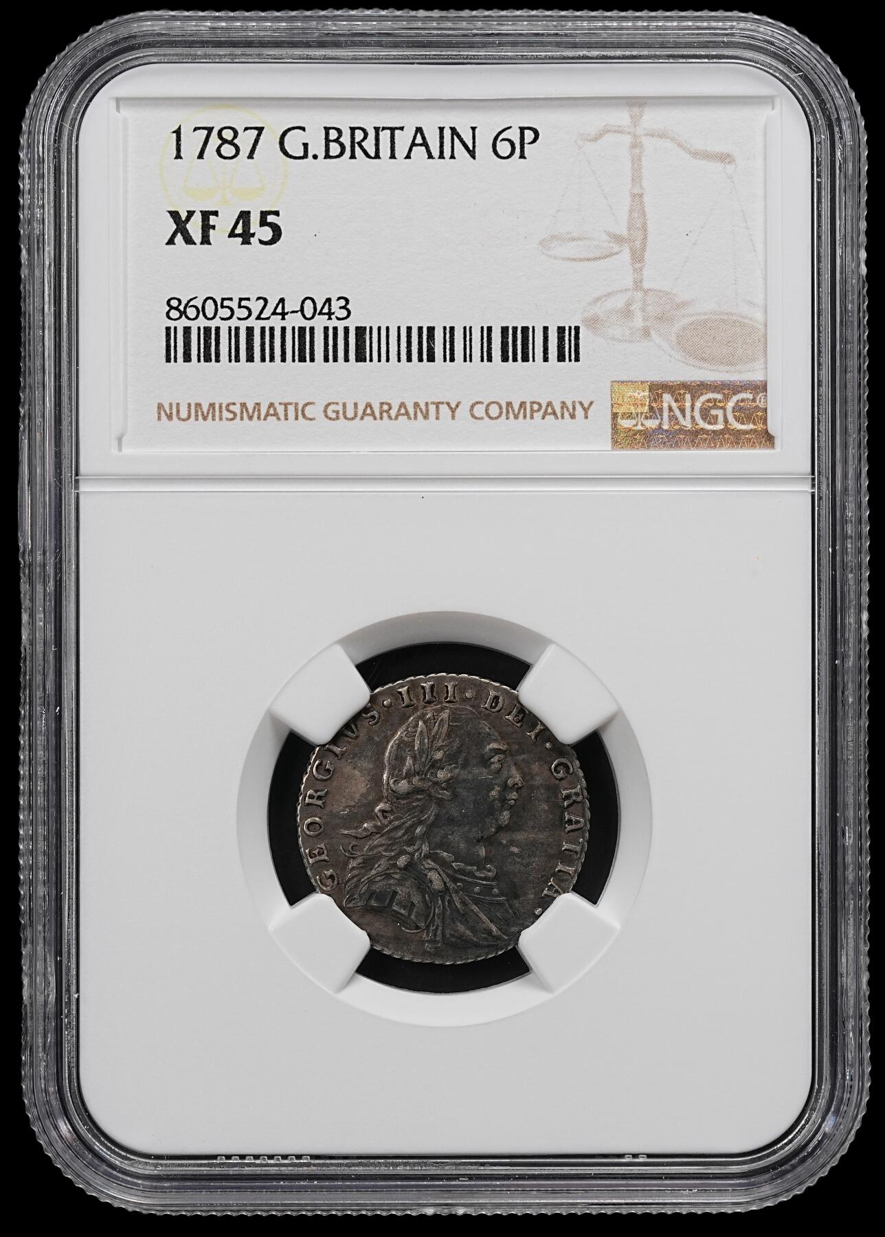 修遠堂世界钱币第九十二期 NGC XF45 1787年英国6便士银币
