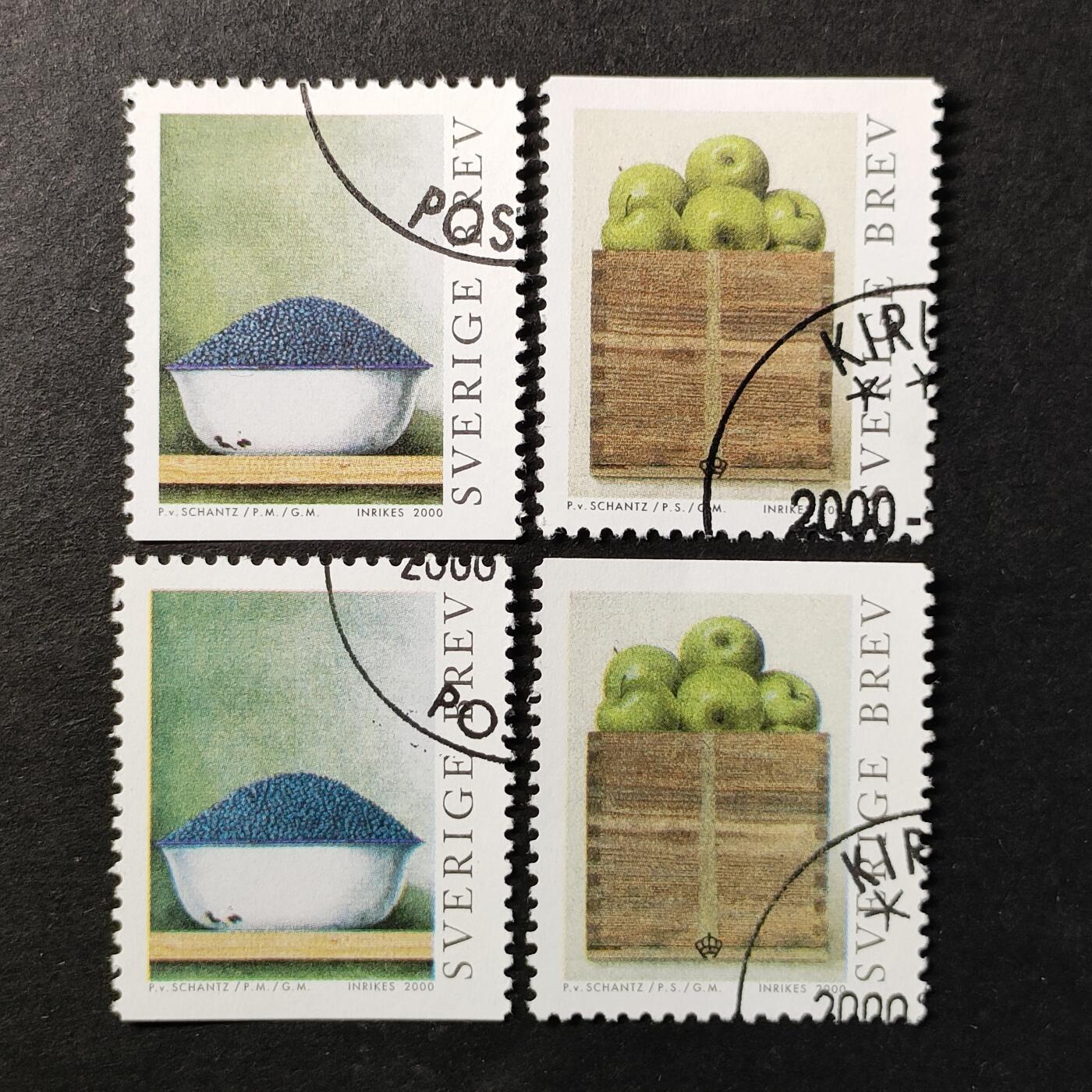 嘉禾收藏    【第372期】            无佣金、可寄存、满30元包邮 瑞典邮票，2000年画家 平面设计师菲利普·冯·尚茨的画作《水果》邮票，2套随机发一套