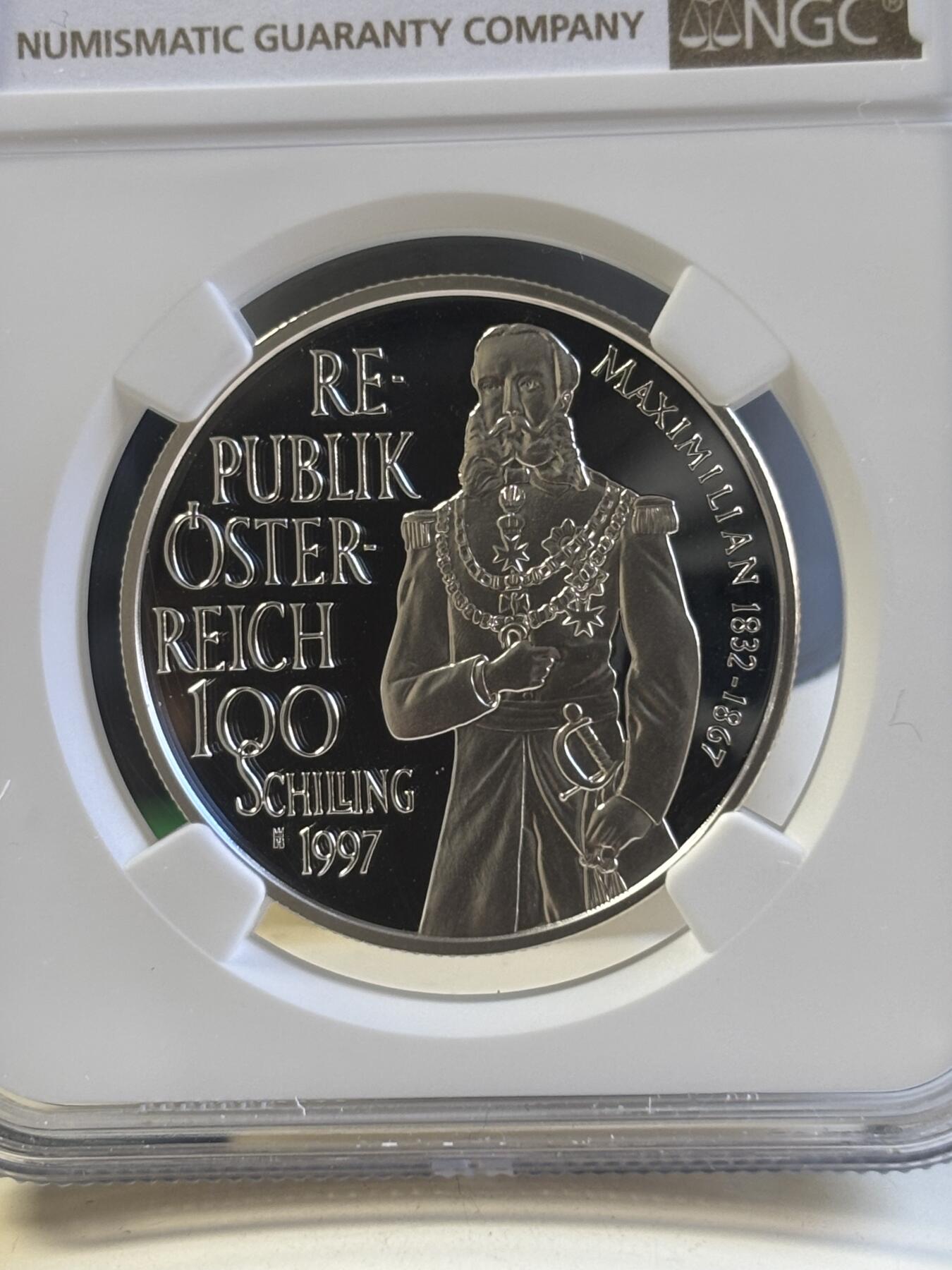 第181期拍卖 获奖币 奥地利1997年 马克西米连一世皇帝精制纪念银币 NGC -PF69无盒无证书，20克，900银， 1999年克劳斯最佳银币