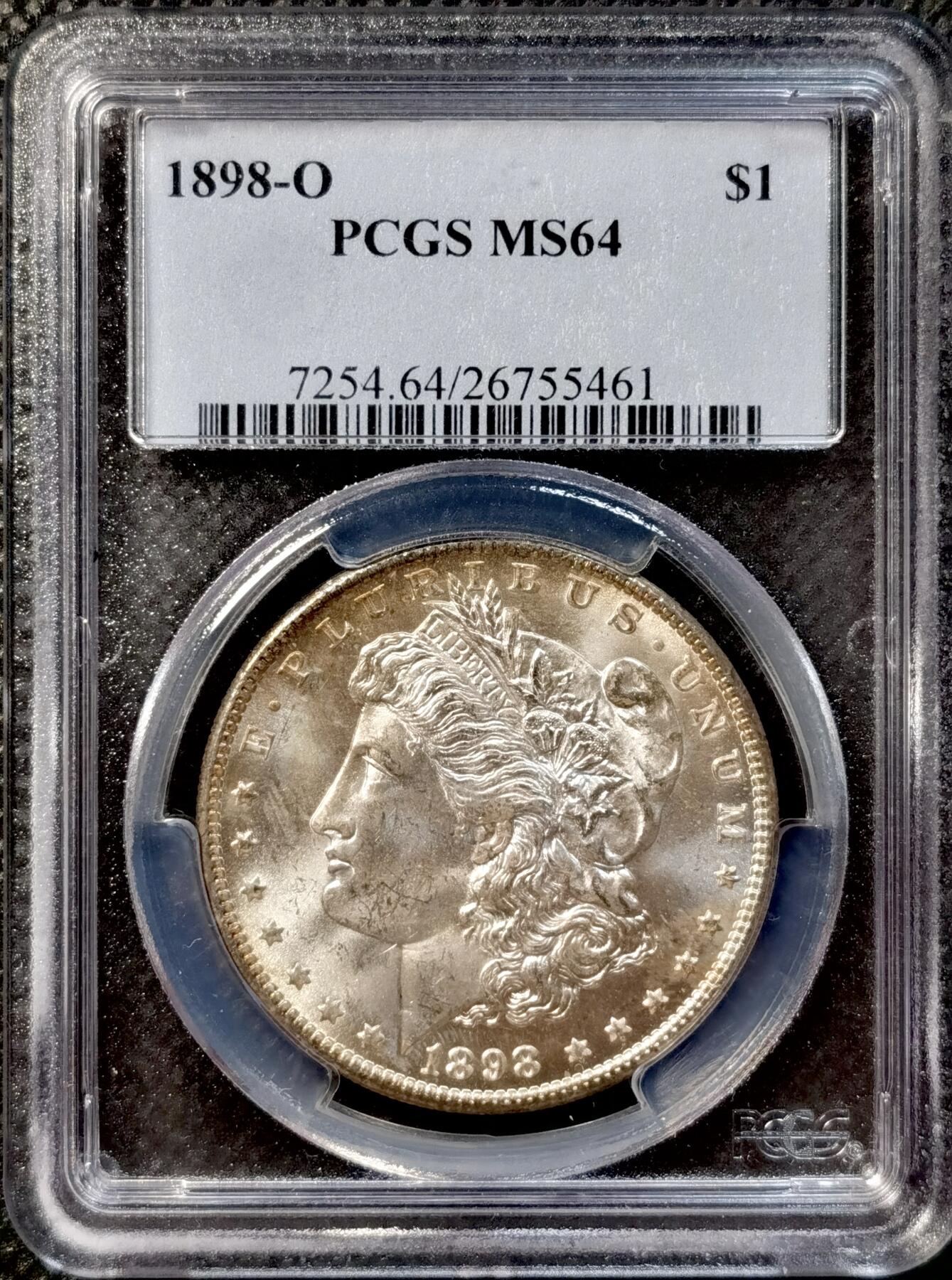 甄臻铺-世界币章拍卖（第38期）立冬小精品场，送拍享返佣金等优惠多多 PCGS-MS64 美国1898年O版摩根一元银币，发行量相对较少，带黄油光环彩