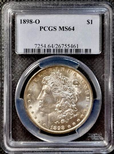 甄臻铺-世界币章拍卖（第38期）立冬小精品场，送拍享返佣金等优惠多多 - PCGS-MS64 美国1898年O版摩根一元银币，发行量相对较少，带黄油光环彩