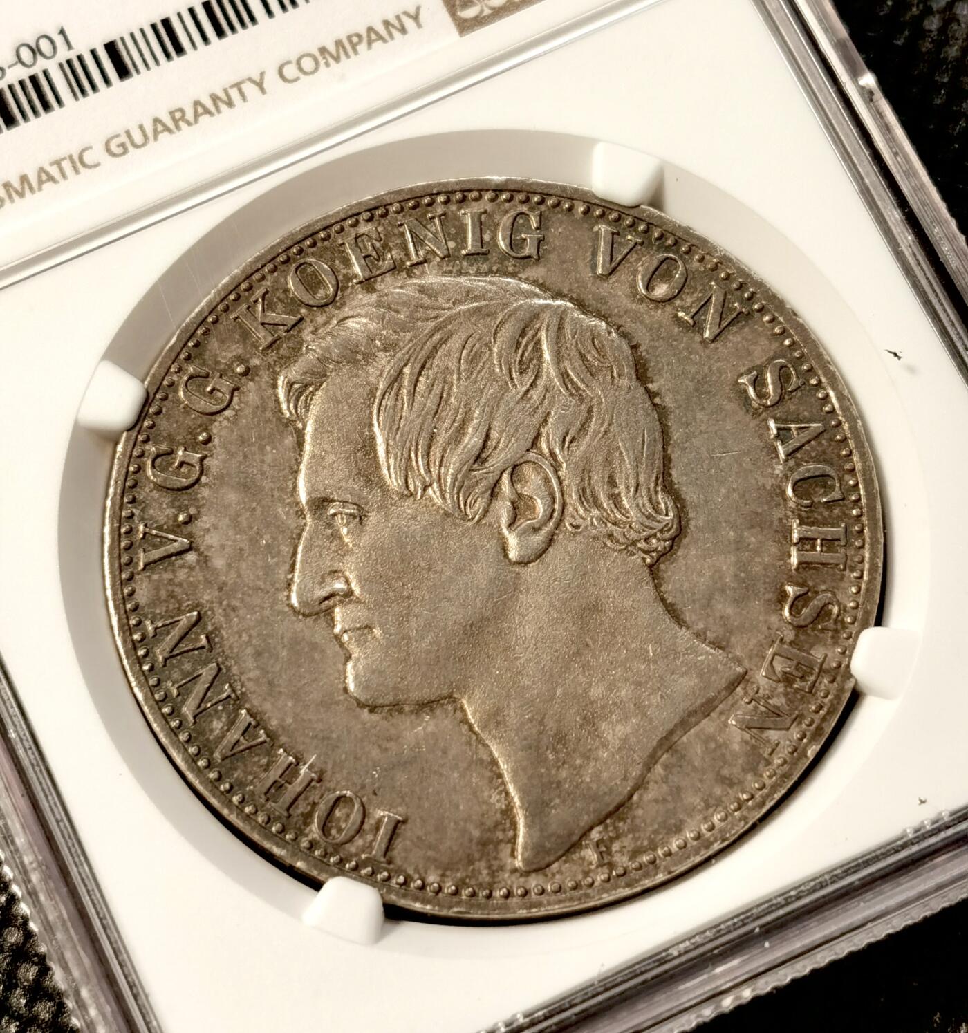 甄臻铺-世界币章拍卖（第38期）立冬小精品场，送拍享返佣金等优惠多多 NGC-AU58 德国 1858 萨克森 约翰一世 2泰勒 37克的大银币，底板光洁，老包浆醇厚