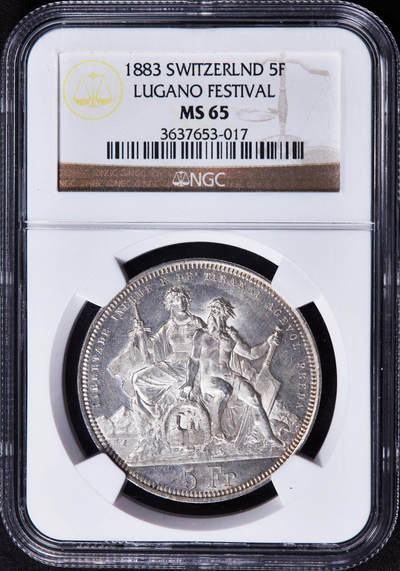 【俄甄集藏】2025年(044)11-12星期三晚 19:30 全场包邮 - 瑞士1883年卢伽诺射击节5法郎大银币，NGC MS65，黄油彩转光，顶级品相，经典品种