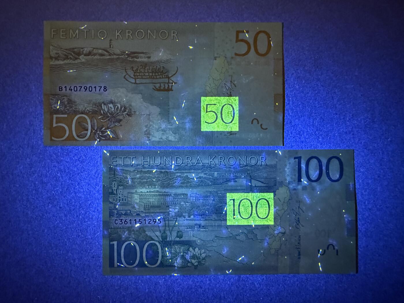 《艾美收藏》第219期-11.9周日外币畅拍场 瑞典50、100克朗2张 UNC 轻微荧光